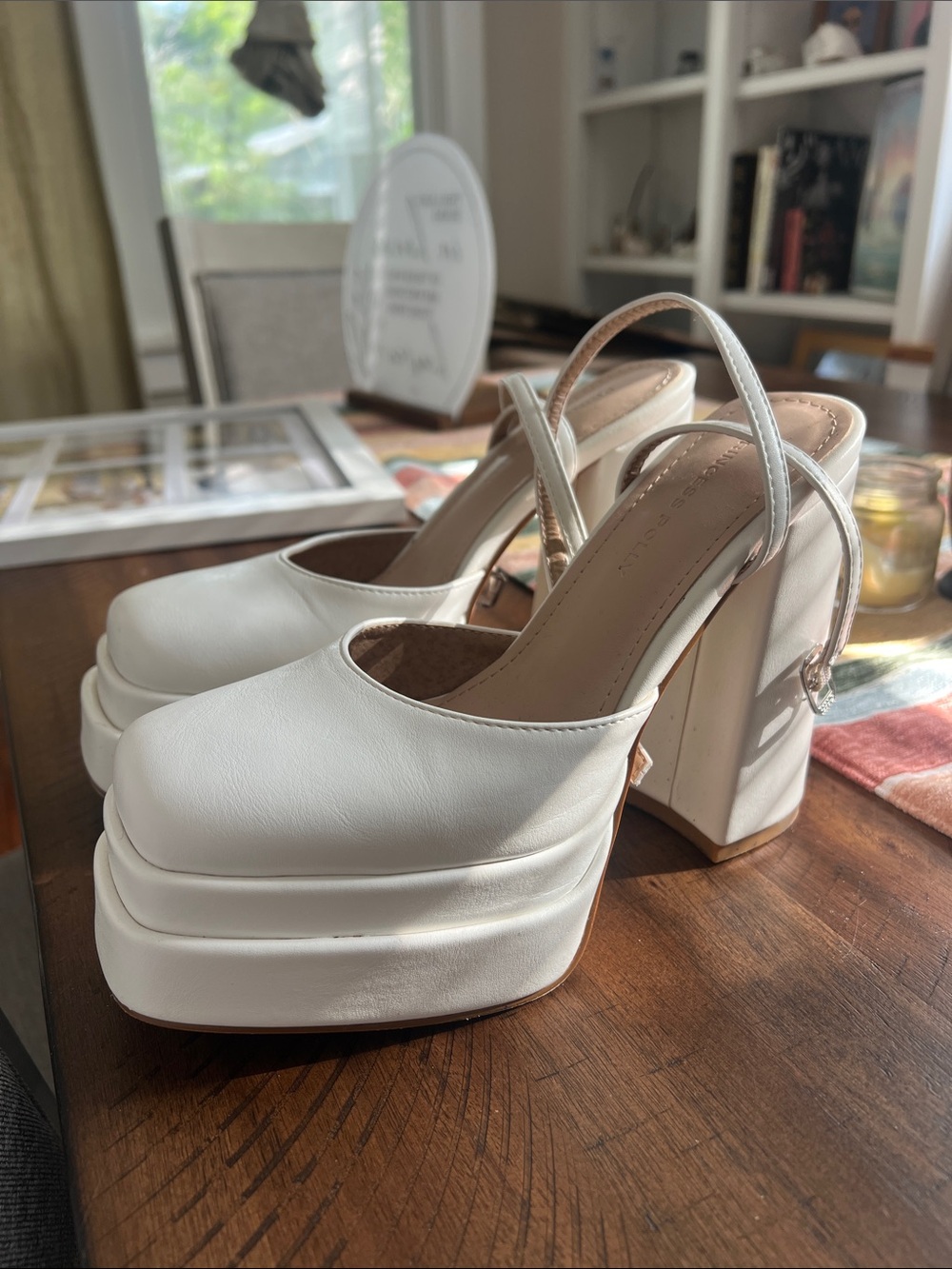 Princess Polly White Platform Block Heel Slingback Pumps